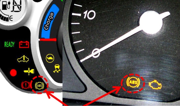 Különböző gépkocsik műszerfalán elhelyezett ABS ellenőrzőlámpák.
