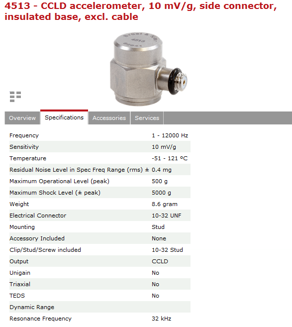 Brüel&Kjaer gyártmányú piezoelektromos gyorsulásérzékelő adatlapja