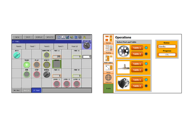 Traditional (upper) and flexible (lower) user interface for industrial robots