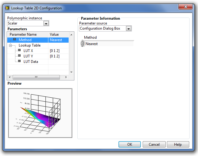 A Lookup Table 2D (Kétdimenziós táblázati függvény) Method paraméter = Nearest (legközelebbi)