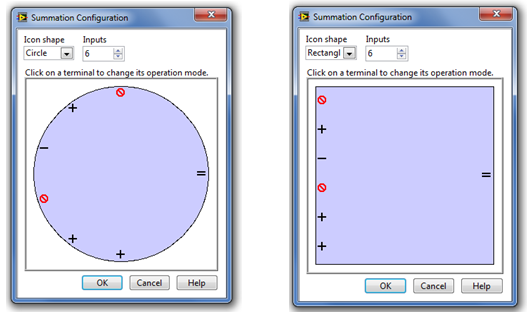 A Summation (Összegzés függvény) paraméter-beállító ablakai (különböző ikon megjelenési formákhoz)