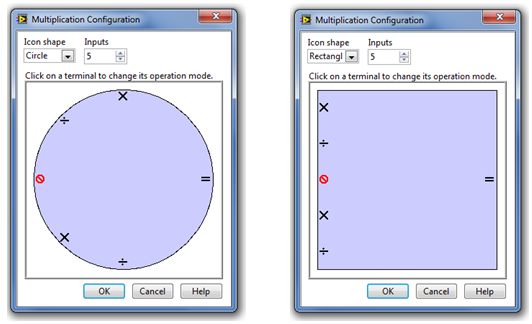 A Multiplication (Szorzás függvény) paraméter-beállító ablakai (különböző ikon megjelenési formákhoz)
