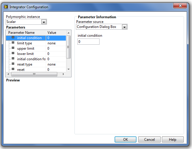 Az Integrator (Idő szerinti integrálás függvény) paraméter-beállító ablaka