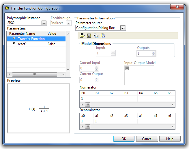 A Transfer Function (Átviteli függvény modell) paraméter-beállító ablaka