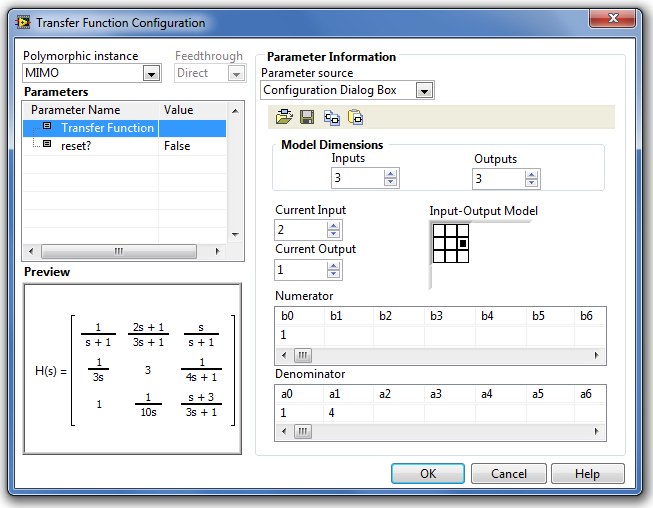 A MIMO Transfer Function Matrix (Átviteli függvény modell mátrix) paraméter-beállító ablaka