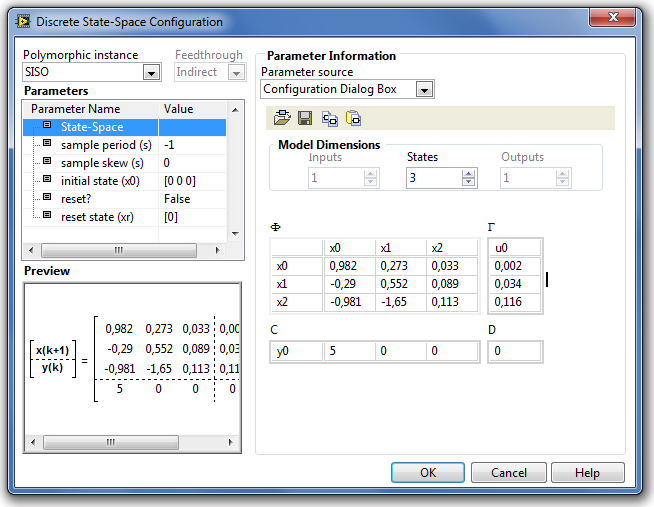 Discrete State-Space (Mintavételes állapottér modell) paraméter-beállító ablaka
