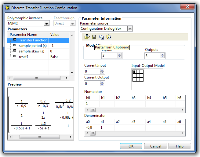 MIMO Transfer Function Matrix (Átviteli függvény modell mátrix) paraméter-beállító ablaka
