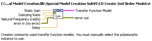 A másodrendű tag modelljének létrehozása (CD Construct Special TF Model.VI) program segítség (Help) információs ablaka