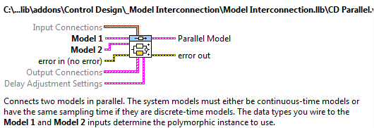 Modellek párhuzamos kapcsolása (CD Parallel.vi) program segítség (Help) információs ablaka