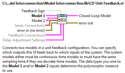 Modellek visszacsatolt összekapcsolása (CD Feedback.vi) program segítség (Help) információs ablaka