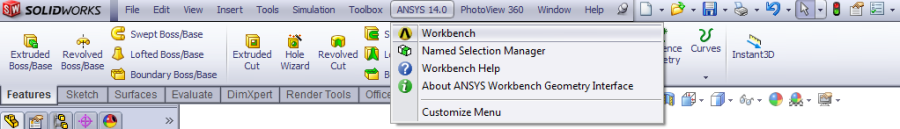 ANSYS analízis indítása a SolidWorks-ből.